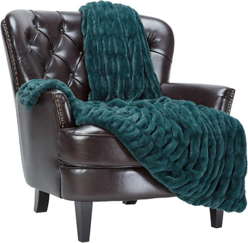 Premium Ruched Faux Fur Throw Blanket - Luxurious, Soft Reversible Mink Blanket - 50" x 65" - Teal