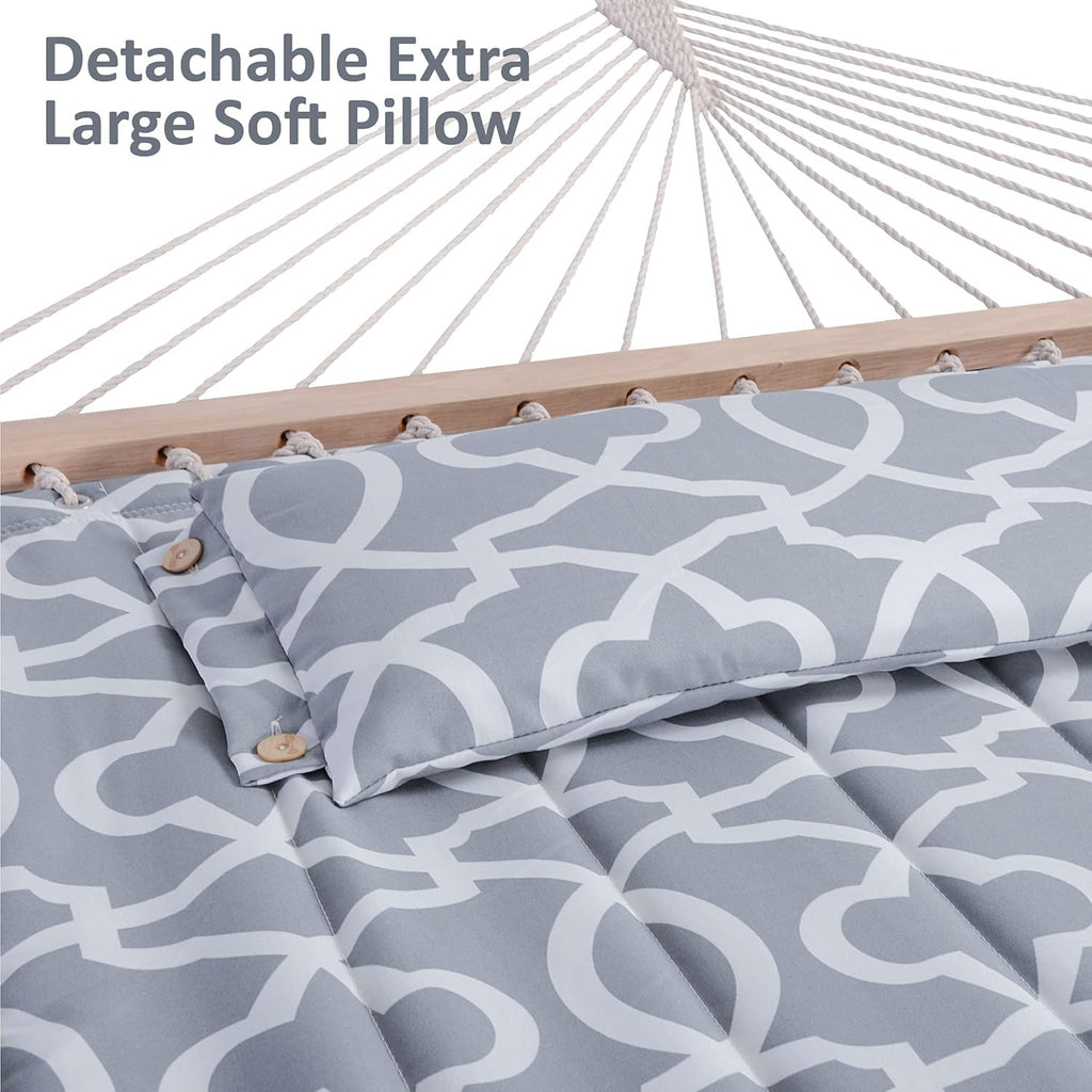 Extra Large Double Hammock with Stand, 475lbs Capacity, Grey | Outdoor Portable Hammock with Hardwood Spreader Bar