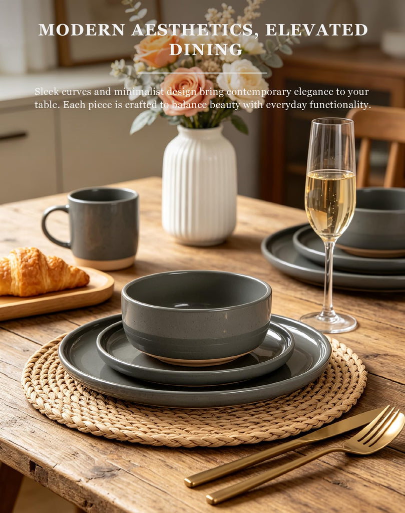 16-Piece Gray Stoneware Dinnerware Set for 4 with Mugs, Plates and Bowls Sets with Partially Unglazed Base, Scratch
