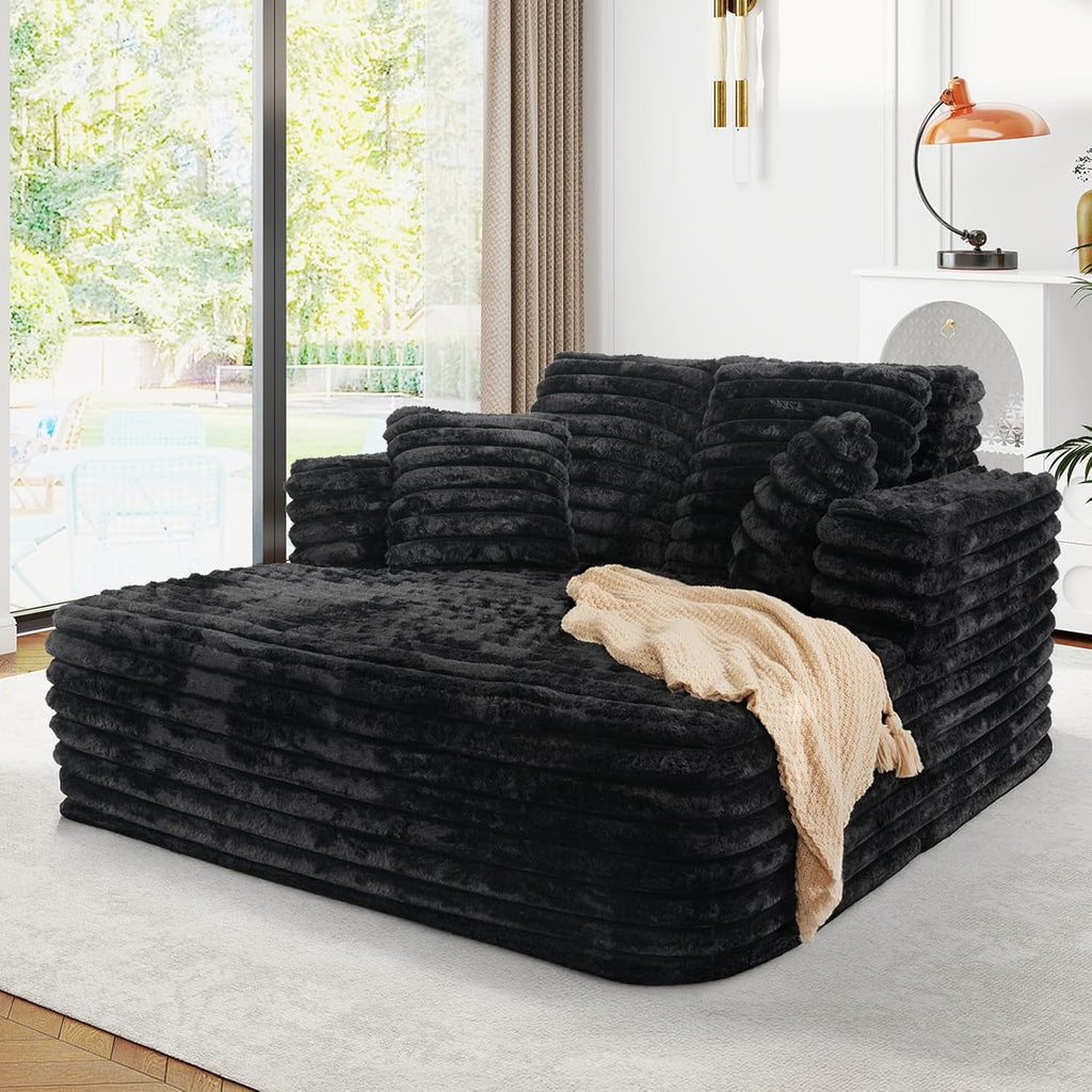 56" Oversized Chaise Lounge Chair Indoor,Plush Faux Fur Sleeper Sofa Couch Bed with Pillows&Wide Armrests,Fluffy