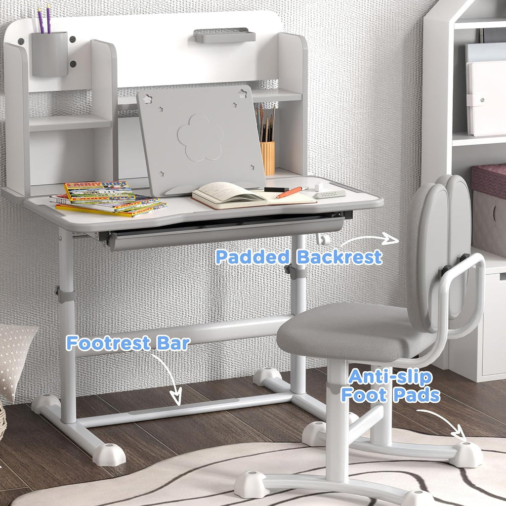 Kids Desk and Chair Set Height Adjustable Tilt Desktop Gray