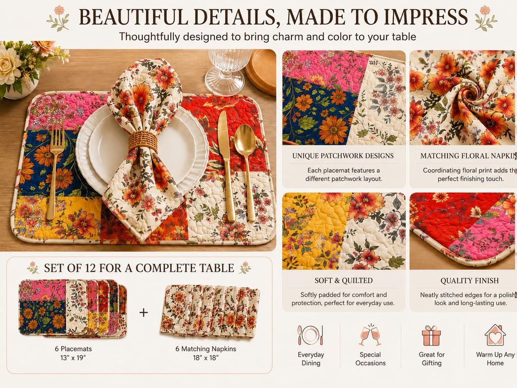 12-Piece Quilted Patchwork Placemats & Floral Napkins | 13 x 19 in mats, 18 x 18 in napkins, reversible, machine