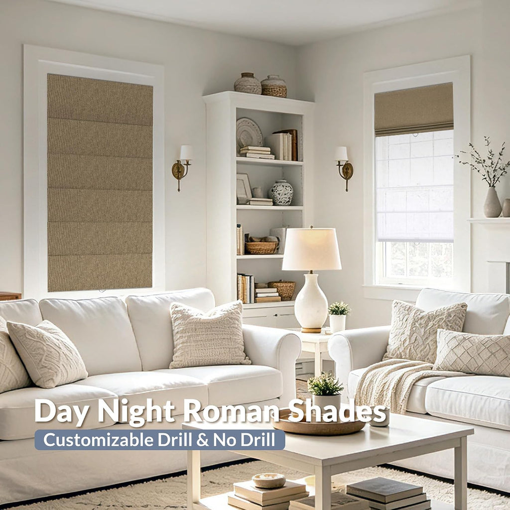 Double Roman Shades for Windows, Day Night Cordless Roman Blinds for Indoor Windows, Thermal Insulated Window Shades