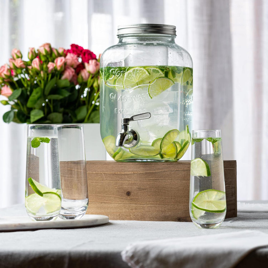 1 Gallon Glass Water Dispenser with Stainless Steel Spigot + Marker & Chalkboard, & Ice Cylinder - 100% Leakproof