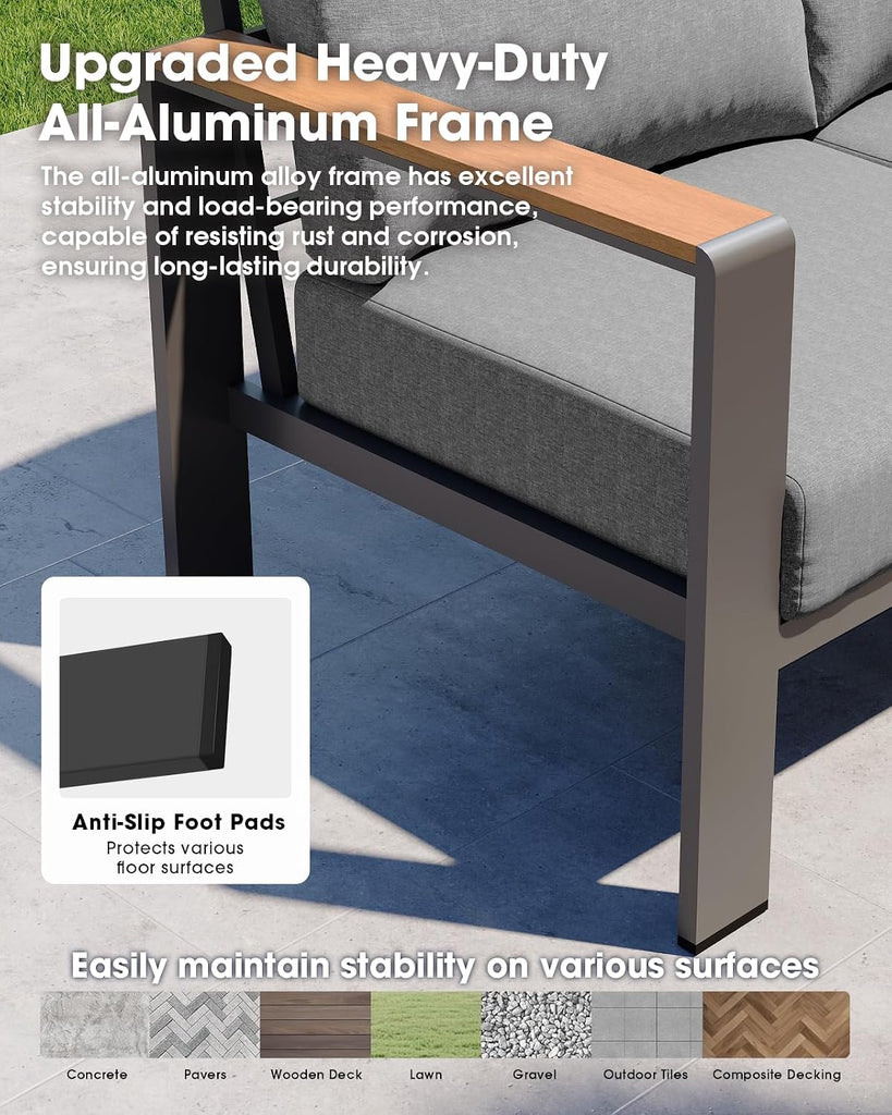 Aluminum Outdoor Patio Furniture Set 6 Seats, Outdoor Sectional Corner Sofa with Thick Waterproof Cushions & Coffee