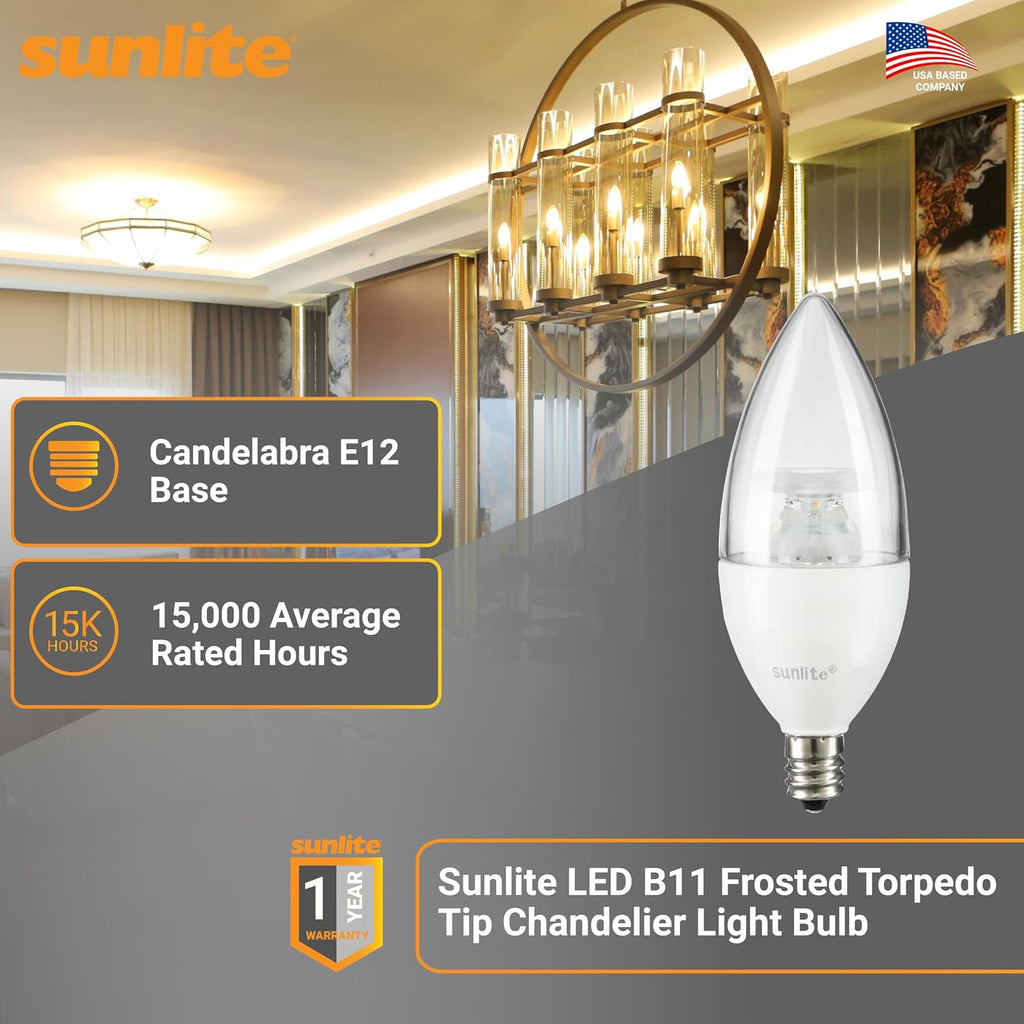 LED B11 Frosted Torpedo Tip Chandelier Light Bulb, 4.5 Watts (40W Equivalent) 300 Lumens, Candelabra E12 Base