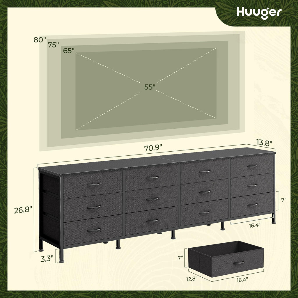 70 Inch Black Dresser, TV Stand for 65, 75, 80 Inch TV, 12 Fabric Drawer Long Dresser, Wide Chest of Drawer, Storage