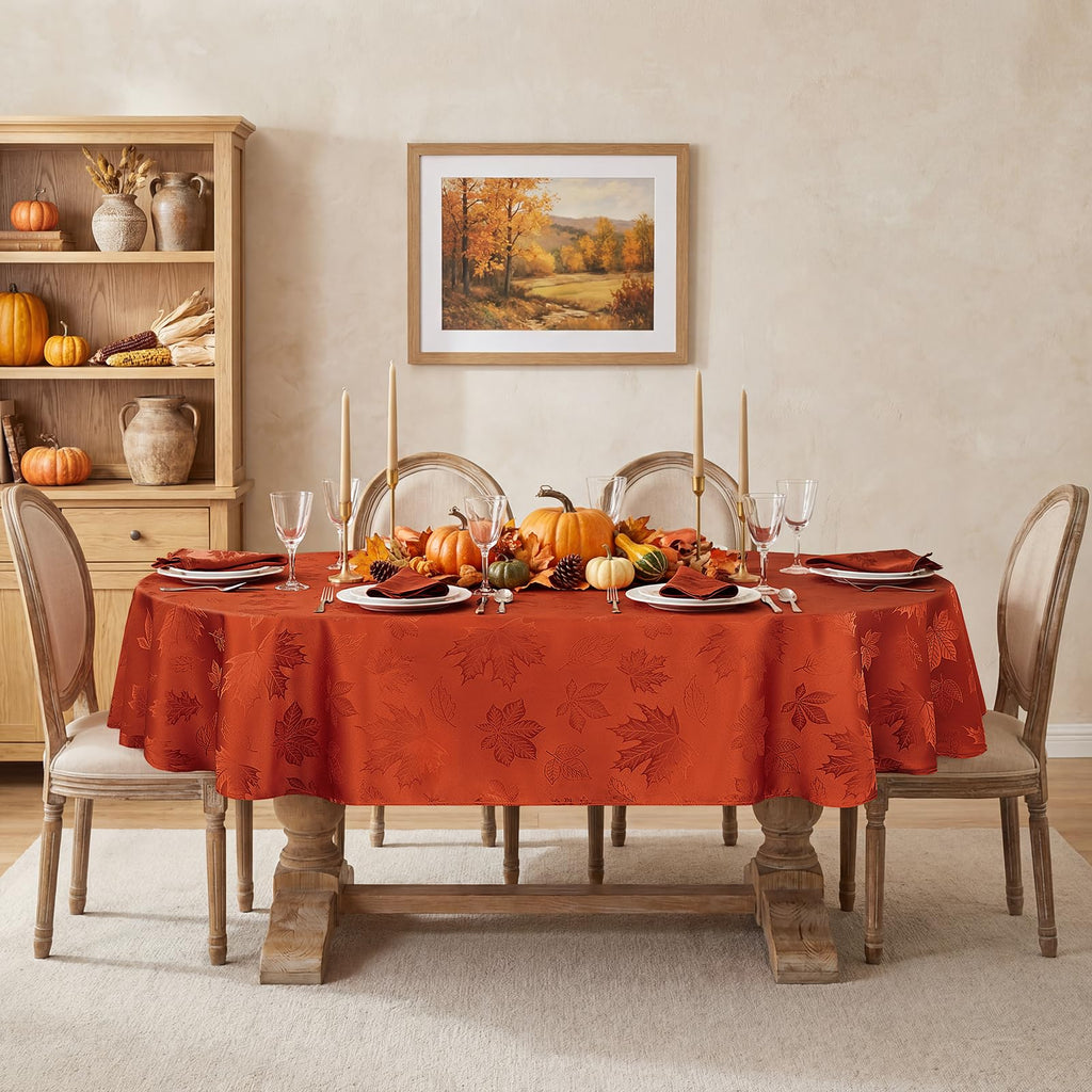 Fall Jacquard Oval Tablecloth, 60 x 84 Inch Burnt Orange
