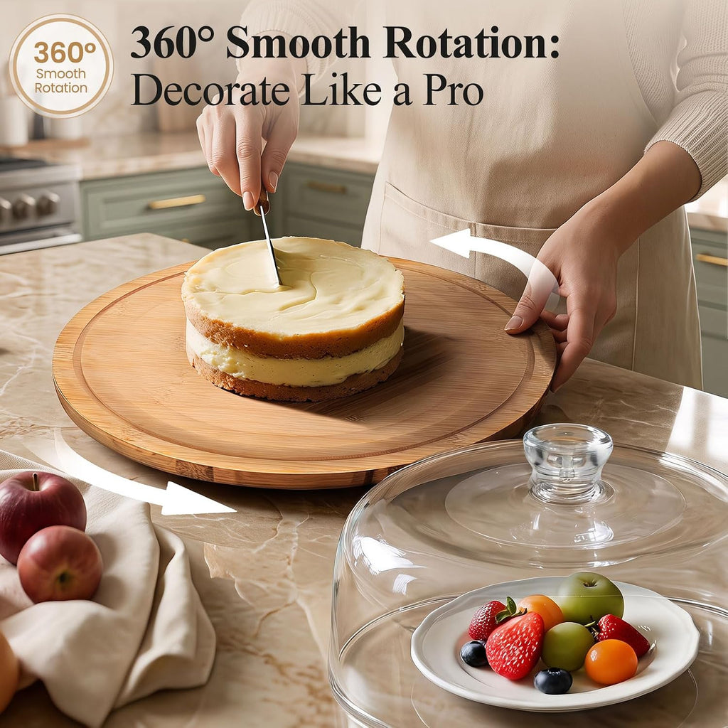 2 IN 1 Cake Stand with Dome Lid,360° Rotation,12" Round Cake Holder
