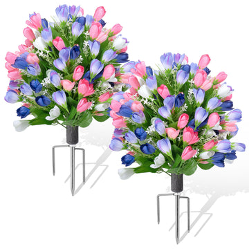 Artificial Tulip Flower Topiary Ball Bush for Outdoor, 24.8" Fake Tree Evergreen Plant with Ground Spike, UV Resistant