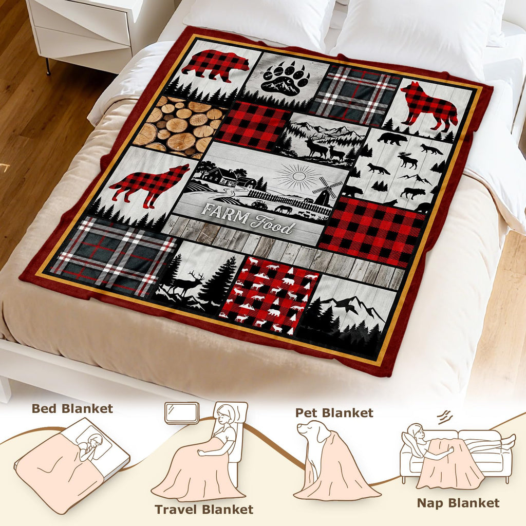 Rustic Cabin Blanket 50 x 60, Buffalo Plaid Wildlife Fleece Throw