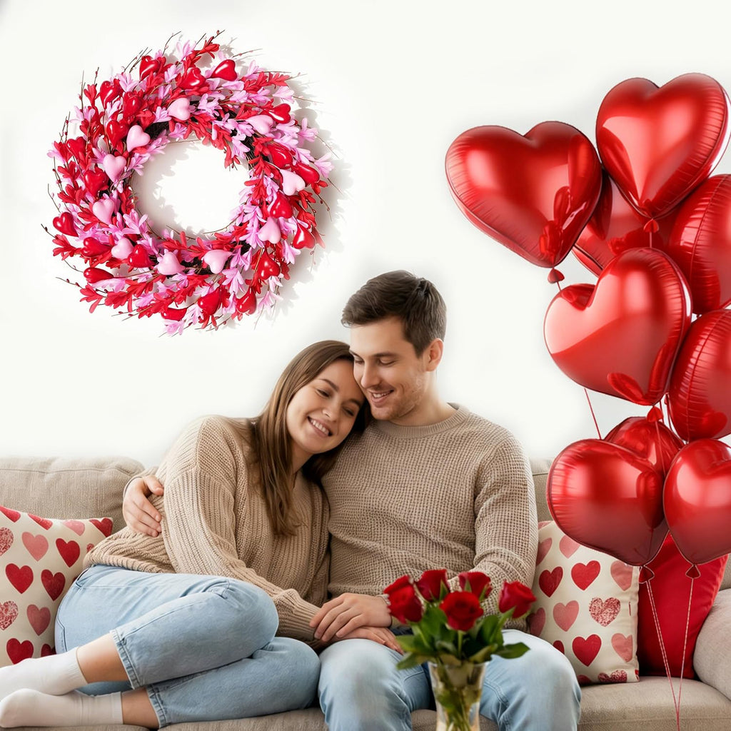 24'' Valentine's Day Wreath for Front Door, Handmade Spring Flower Garland with Red Berries and Pink Love Heart