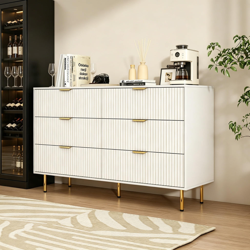 56" Wide Modern White Fluted 6 Drawers Dresser with Gold Handle