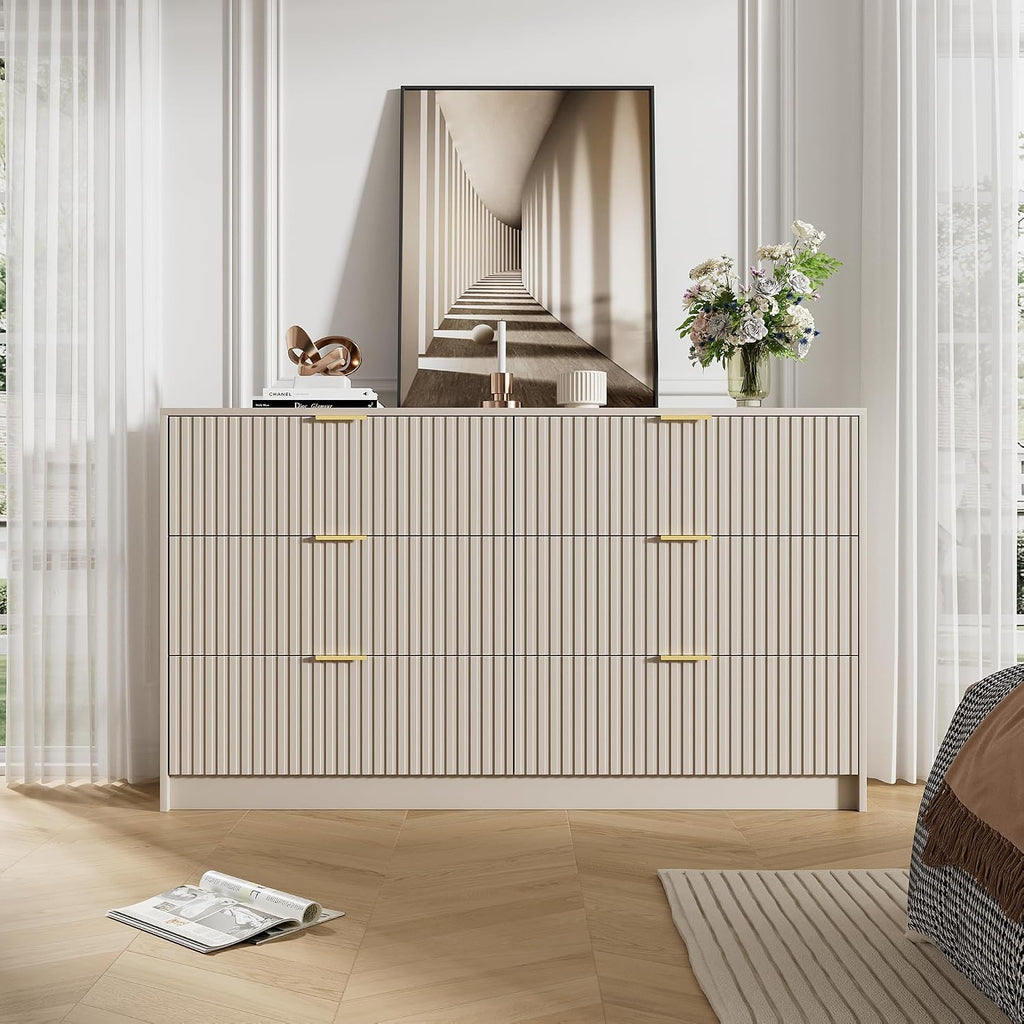 Beige Dresser , Modern Dresser with 6 Drawers and Smooth Slides, Wide Chest of Drawers with Golden Handles , Closet