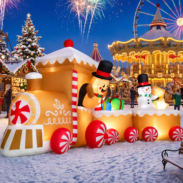 12FT Christmas Inflatables Train Decorations with Gingerbread Man & Snowman