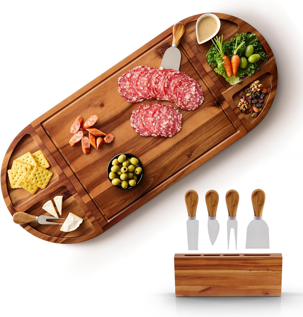30" Large Acacia Wood Charcuterie Board with 4 Knives Set, Magnetic | Removable 3 Parts, Magnetic, No Assembly Wooden