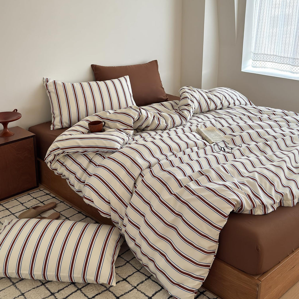 Retro Striped Duvet Cover - 3-Piece Vintage Red Brown & Blue Stripes Printed Duvet Cover Set, Soft Washed