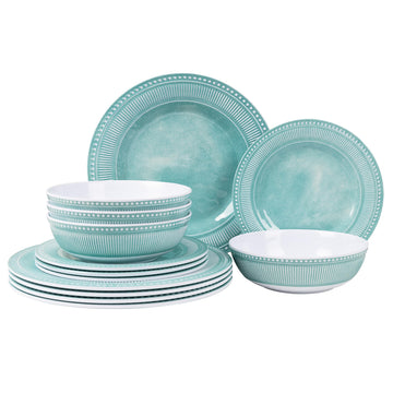 Melamine Dinnerware Set of 12 Pcs, Dinner Dishes Set for Indoor and Outdoor Use, Melamine Plates and Bowls Set for 4