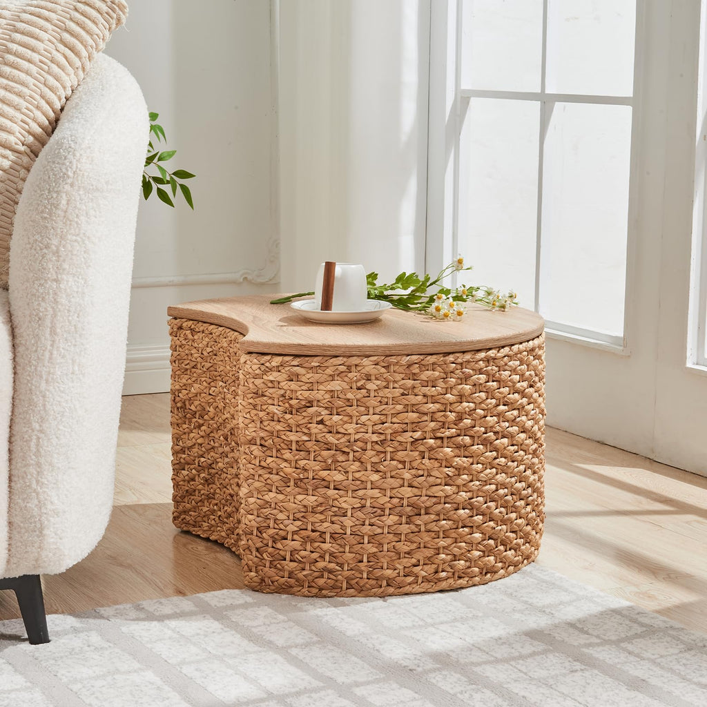 Round Nesting Coffee Table Set of 2 with Storage - Handwoven Wicker Rattan Ottoman Style, Boho Coastal Coffee Tables