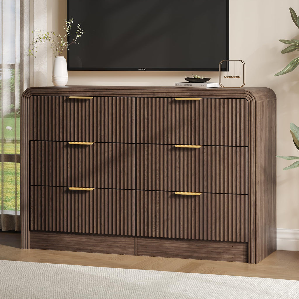 47" W Fluted 6-Drawer Dresser, Walnut