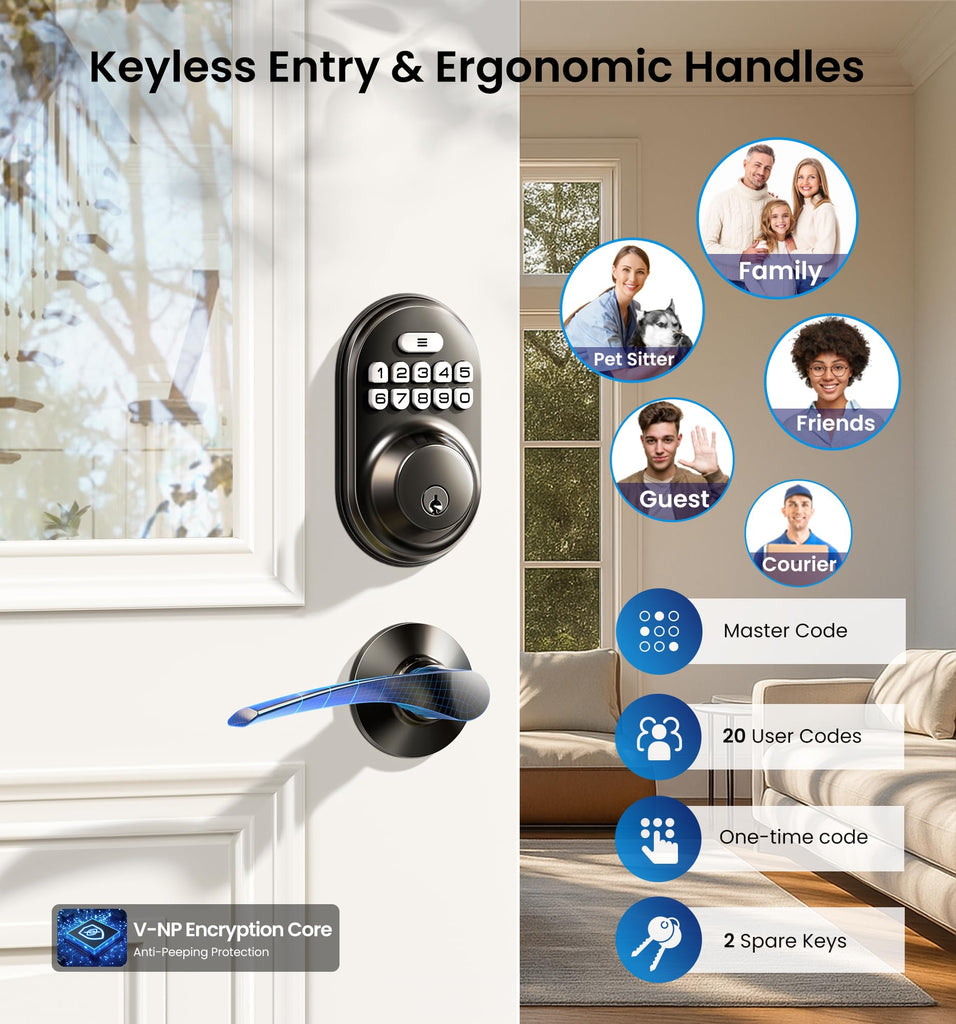 RZ-C Keyless Entry Door Lock with 2 Lever Handles, Matte Black