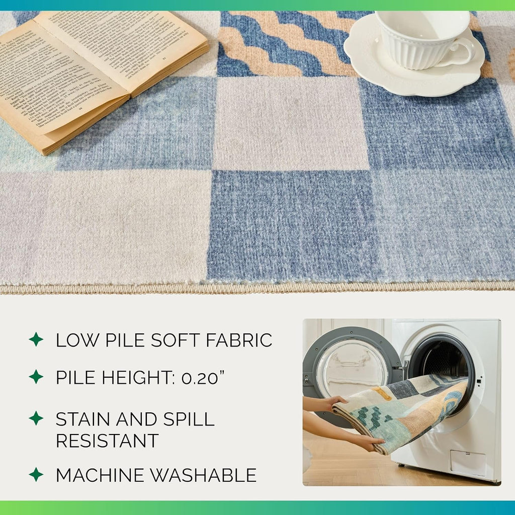 Patchwork Plaid Washable Rug Coastal Classroom (Checkerboard Blue, 5' x 7')