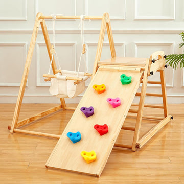 In-1 Wooden Toddler Swing and Slide Set, Foldable Montessori Jungle Gym for Toddlers 0.5-5 Years, Indoor Playground