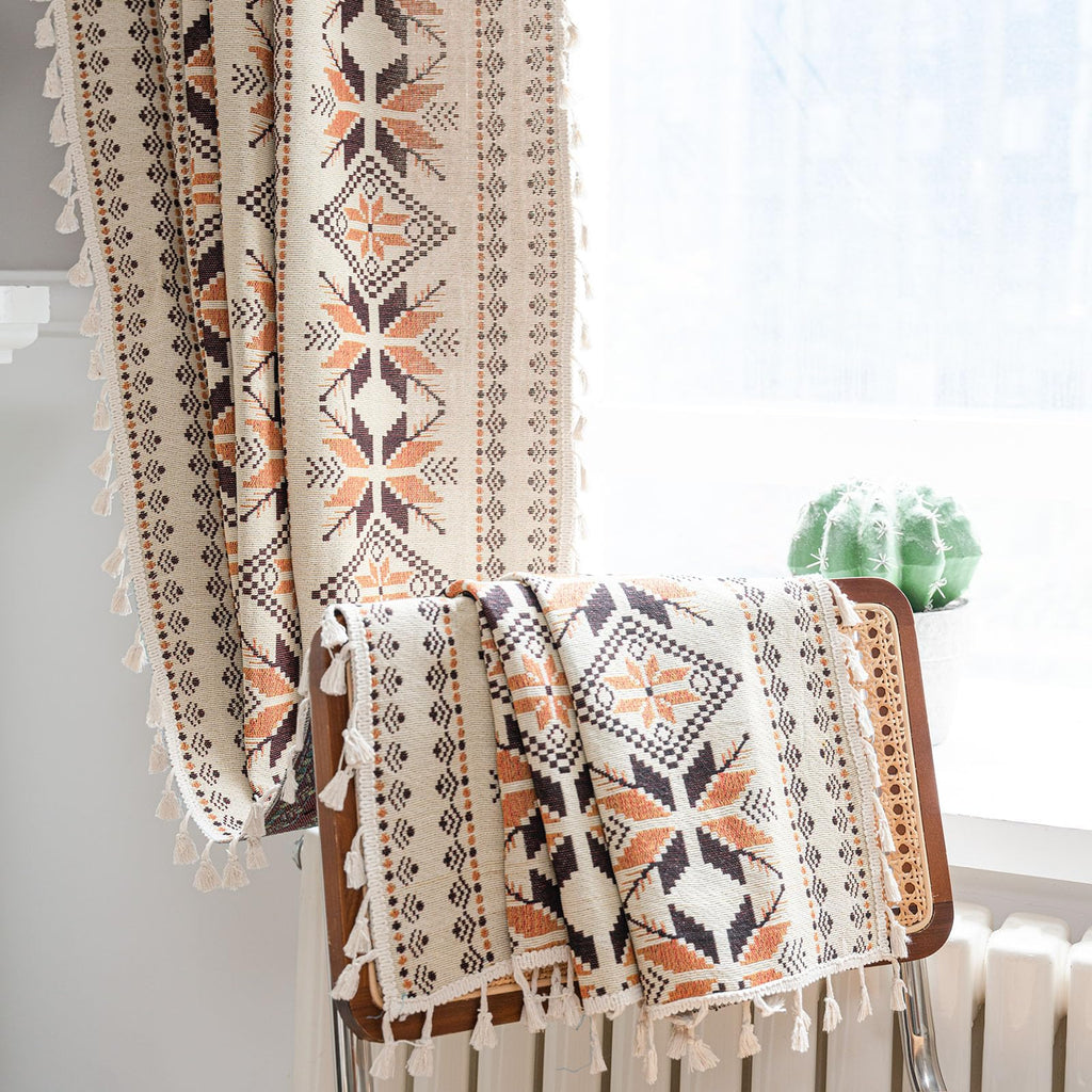 Boho Curtains 63 Inch Length 2 Panels Geometric Patterned Drapes Bohemian Semi Sheer Rod Pocket Tassel Short Window
