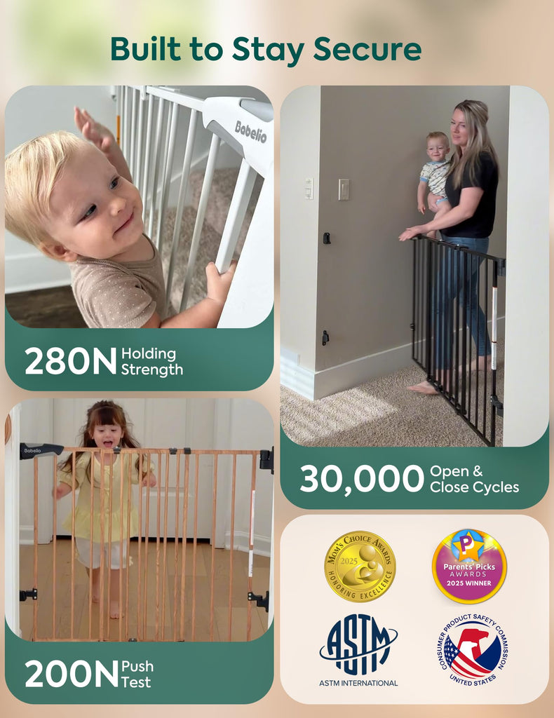 Baby Gate for Stairs, Kitchen & Doorways, No Bottom Bar| Easy Installation| One-Handed Operation| Auto-Close