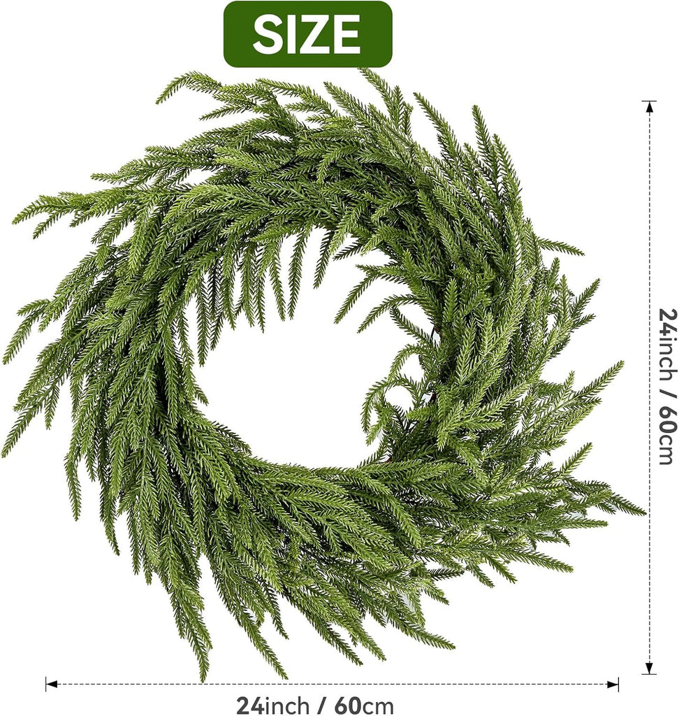 2 Pack Artificial Christmas Wreaths for Front Door, Norfolk Pine & Cedar Greenery with Red Velvet Bows, Real Touch