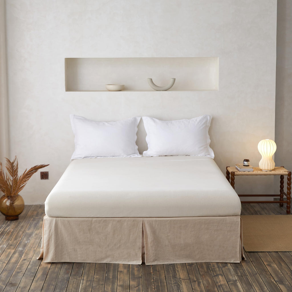 French Linen Wrap Around Bed Skirt with Pleated Corner 14-Inch Tailored Drop Natural Flax Cotton Blend Basic Soft