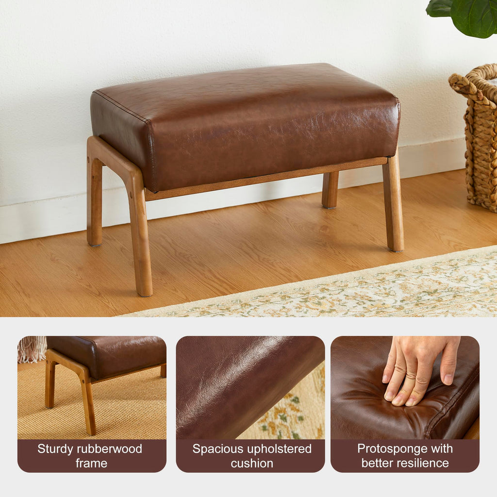 Rectangle Ottoman Bench, Modern Coffee Leatherette Footstool with Walnut Rubberwood Legs