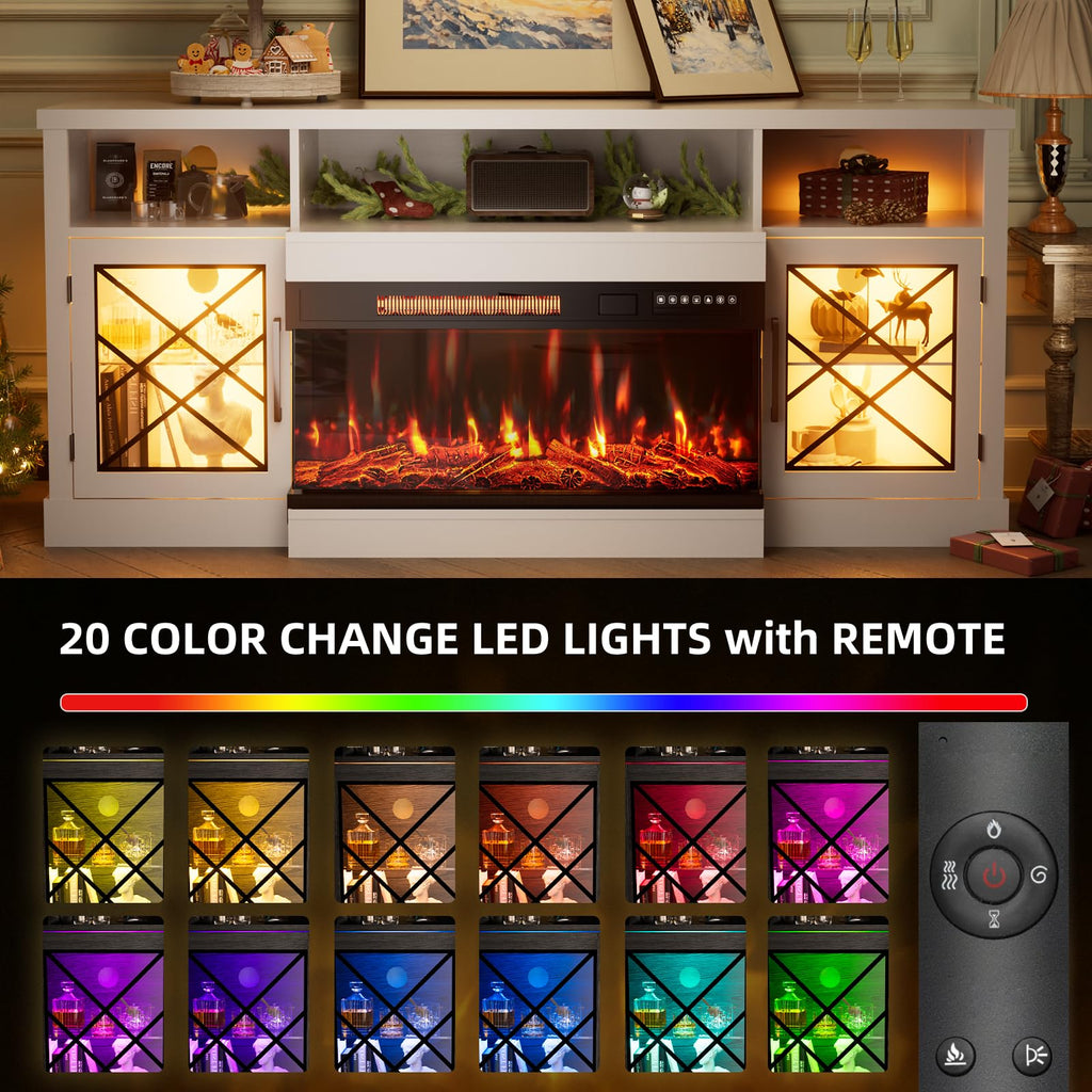 65" Fireplace TV Stand, 3 Sided Glass Fireplace Entertainment Center for TVs up to 75" with Storage Cabinet, Glass