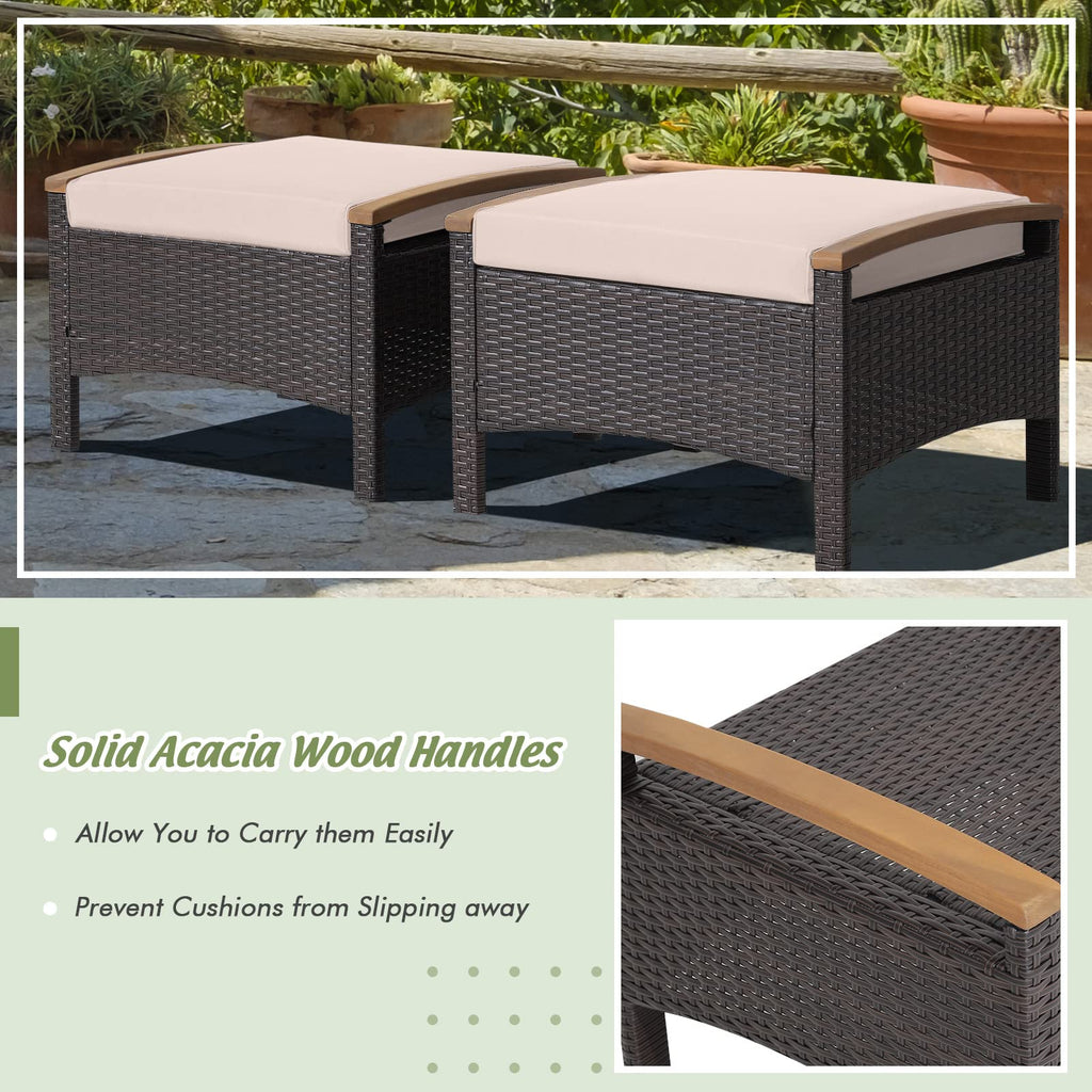 Set of 2 Outdoor Patio Ottoman PE Rattan Wicker Ottomans with Removable Cushions and Solid Acacia Wood Handle Outdoor