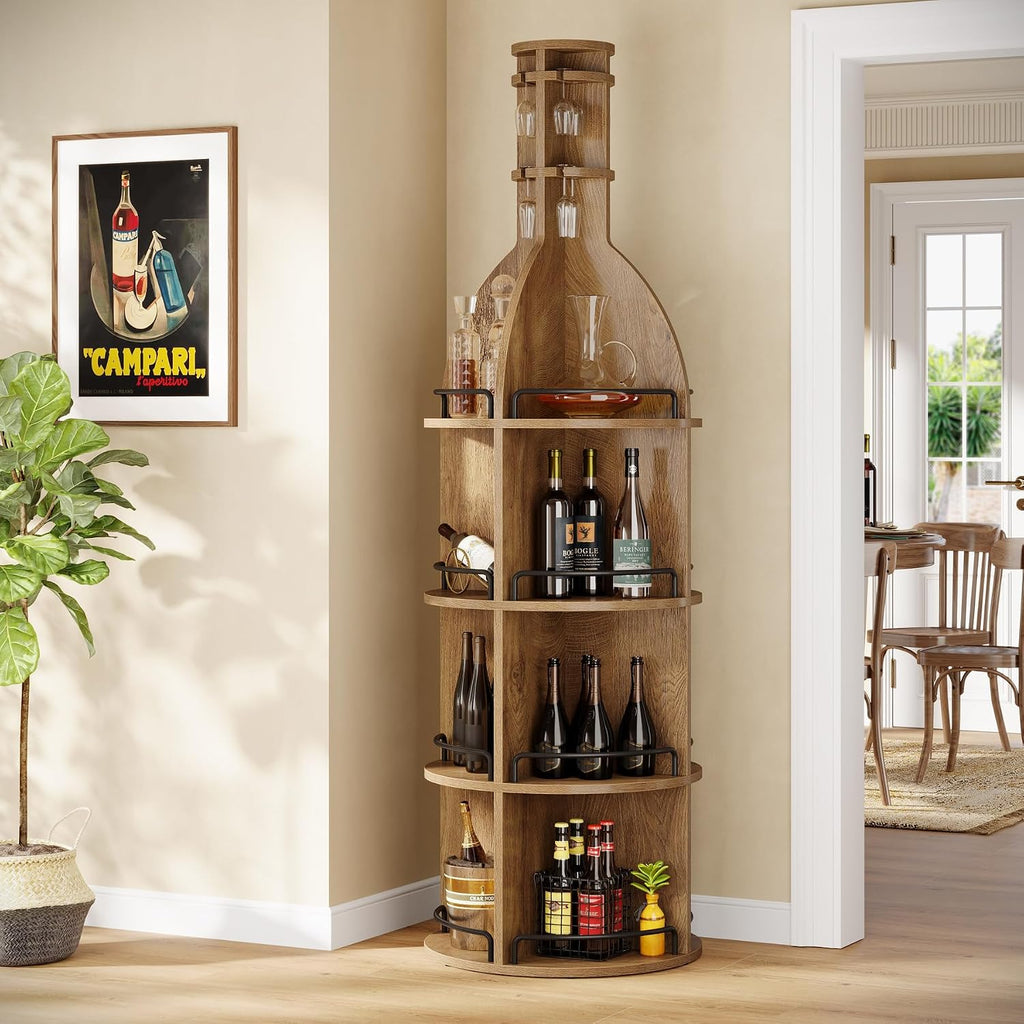 75" Tall Round Wine Rack, Freestanding Wine Bar Cabinet | Holds up to 60 Bottles, 4-Tier Storage Shelf with Glass