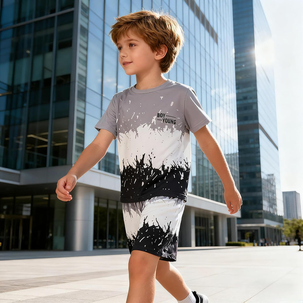 Tween Boy Casual Clothing Set Letter Graphic Colorblock Tee +Shorts Summer Clothing Set