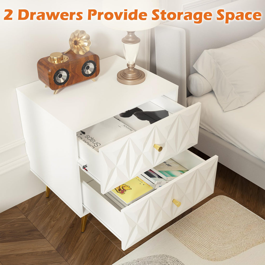 Nightstand Set of 2, White and Gold Nightstands with 2 Diamond Pattern Drawers, Modern End Table Side Table with Gold