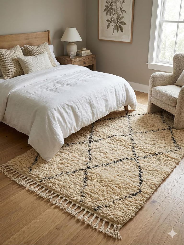 Wool Rug - Handmade Berber Shag Area Rug, Beni Ourain Style, Ivory/Cream with Charcoal Elongated Diamond
