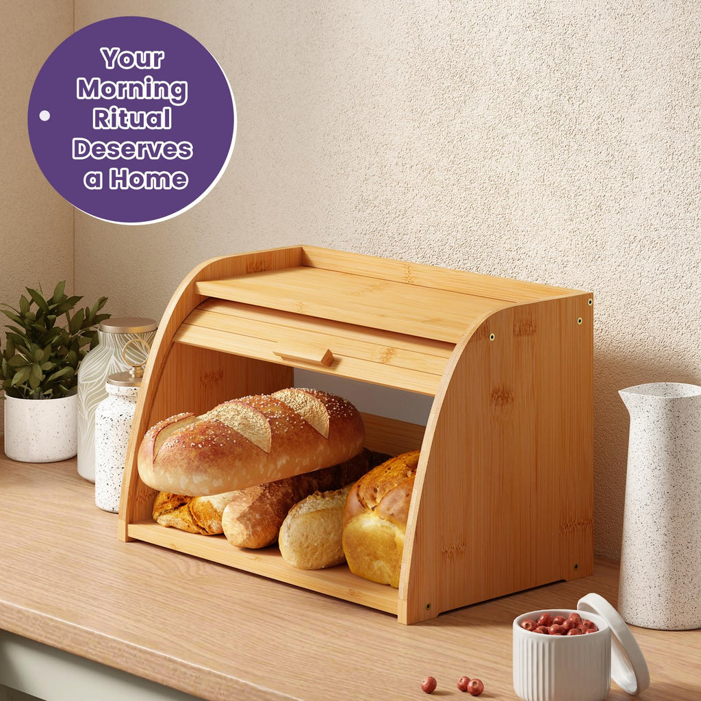 Bread Box - Natural Bamboo Kitchen Storage Roll Top, Countertop