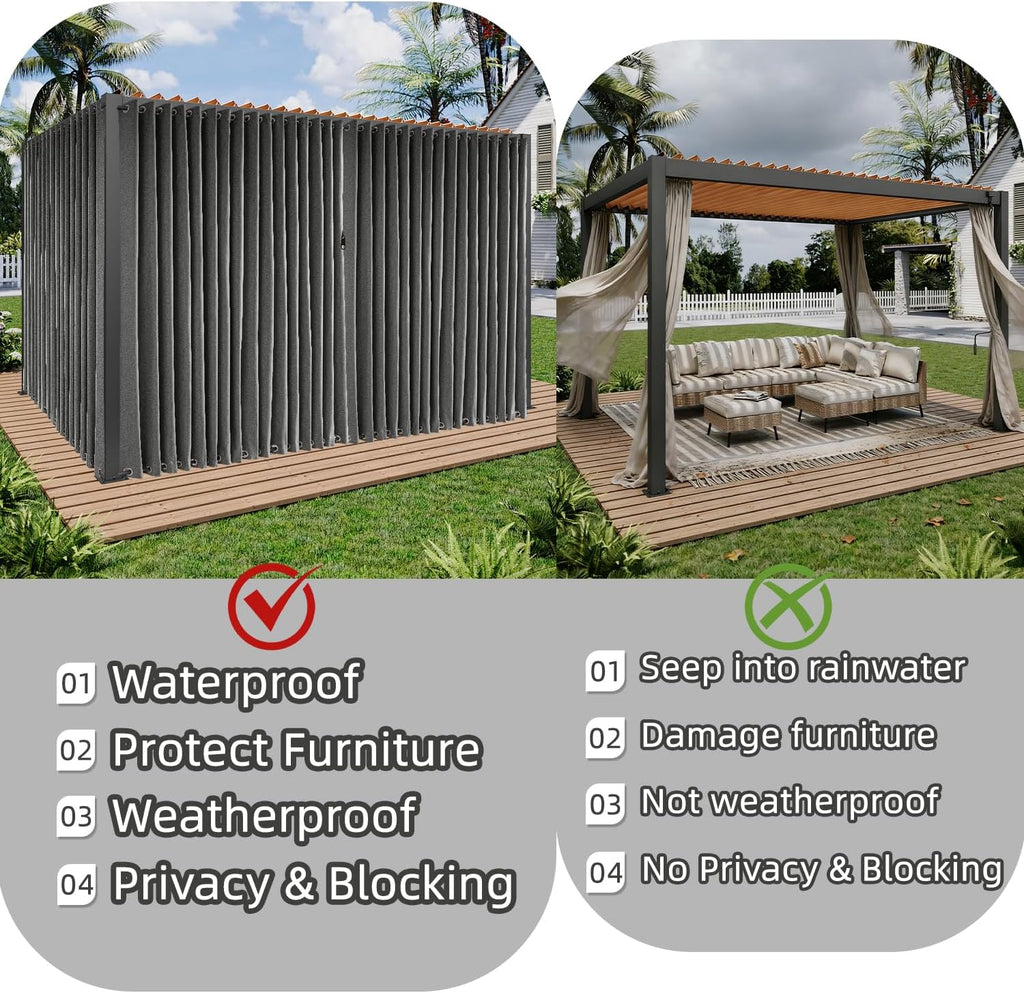 Waterproof Outdoor Curtains with Zipper 2 Panels Faux Linen Sun Blocking Blackout Privacy Patio Curtains Top & Bottom