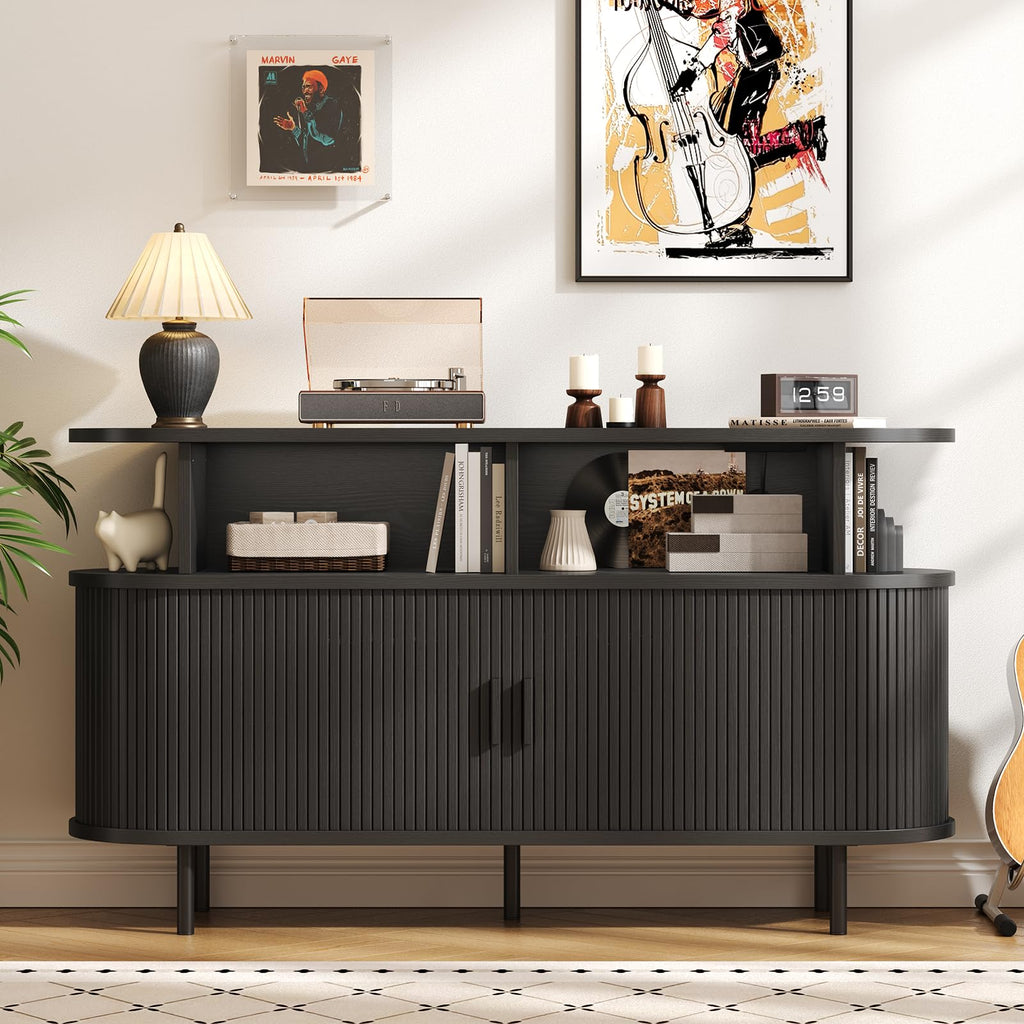 55" Large Round Record Player Stand with Charging Station, Black