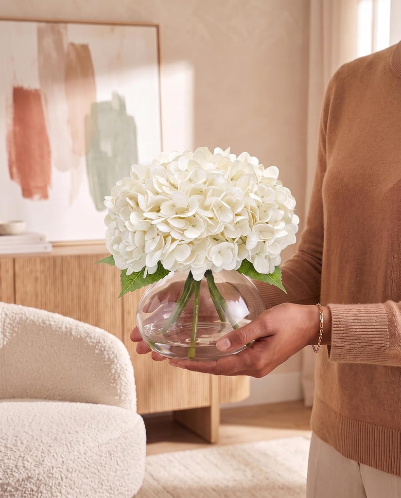 Hydrangea Artificial Flowers with Vase, Real Touch Latex Fake Hydrangeas with Faux Water and Leaves, Realistic Faux