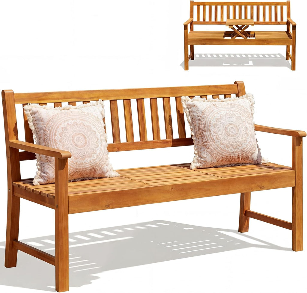 Acacia Wood Outdoor Bench, 2-Person Garden Bench with Pull-Out Table | Sturdy Patio Bench Porch Bench, Wooden Bench