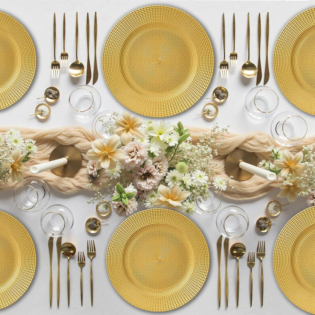 Gold Charger Plates Bulk, 13" Reusable Reef Serving Gold Chargers for Dinner Plates , Round Plastic Shiny - Set of 100