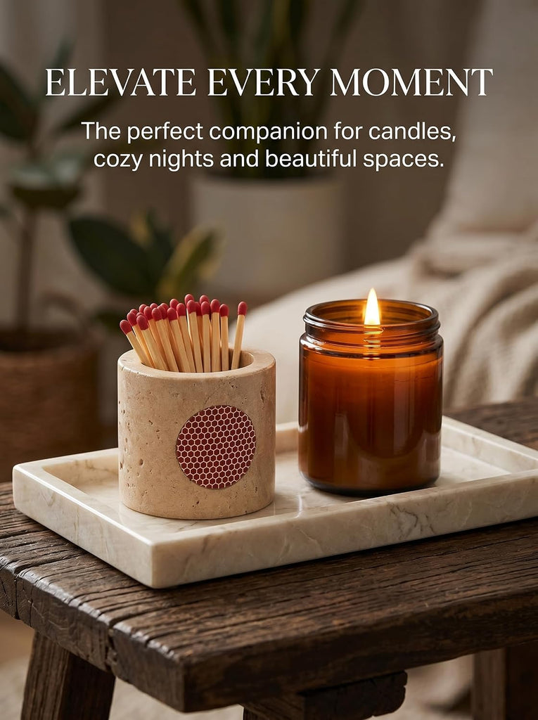 Travertine Stone Match Holder with Striker - 2.5" Decorative Matchstick Organizer for Fireplace, Candles, Parlor Cute