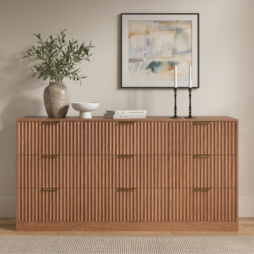 9 Drawer Dresser, 63" Wide Modern Fluted Chest of Drawers, Wooden Dresser with Gold Metal Handles, Mid Century Large