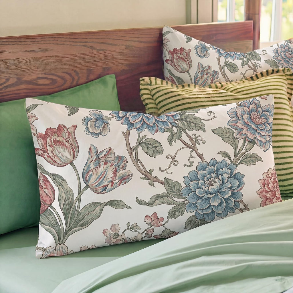 100% Cotton Duvet Cover Set, Digital Printed Vintage Floral Botanical Duvet Cover with Zipper Closure & 8