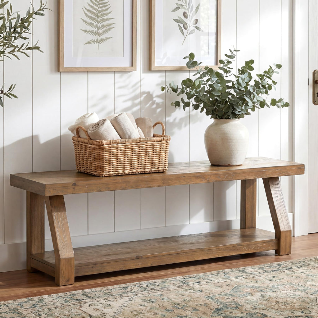 63" Solid Wood Bench, 2-Tier Entryway Bench with Shoe Storage, Rustic Hallway Accent Benches, Mudroom, Easy