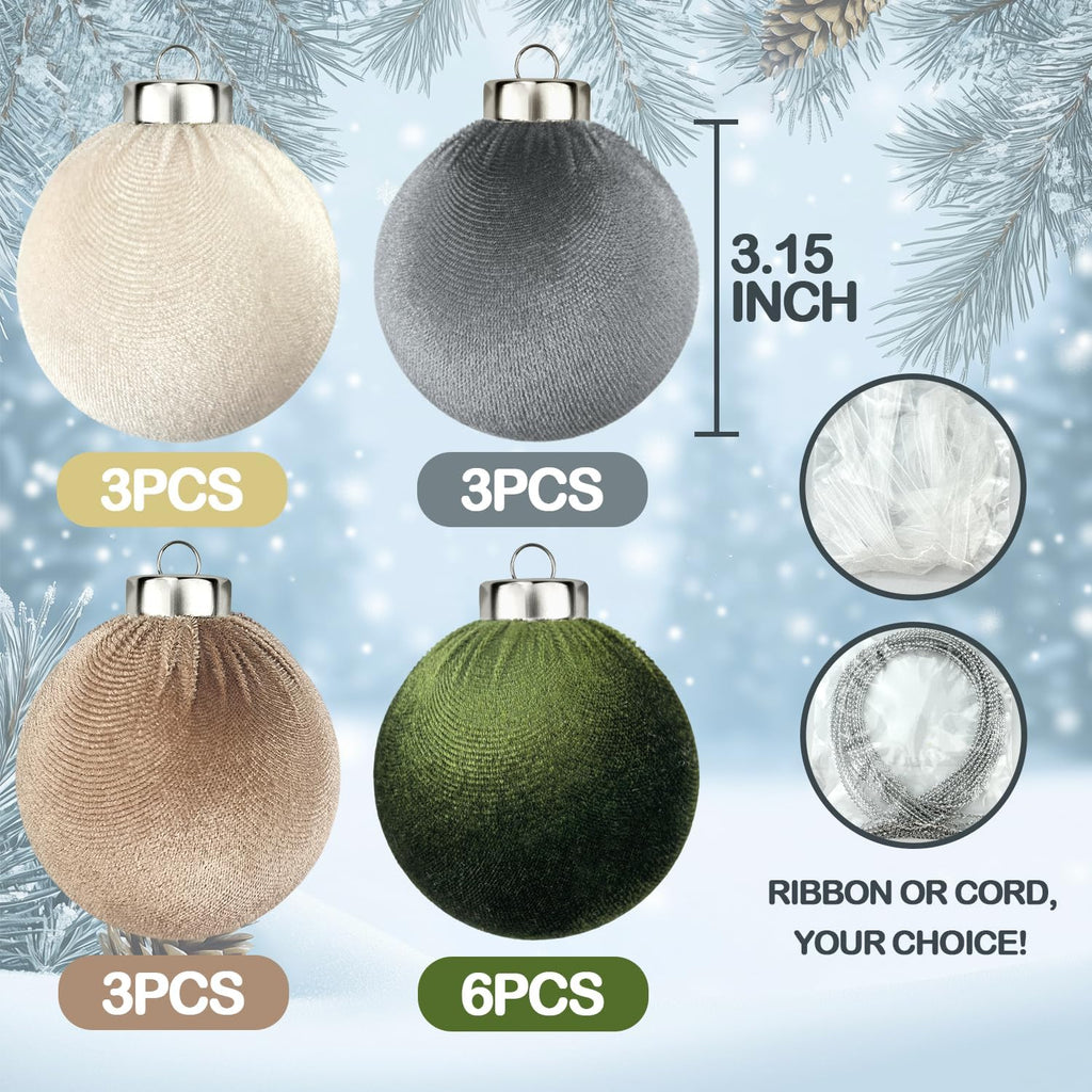 3.15 Inch Velvet Ball Ornaments , Large Neutral Flocked Christmas Bulb Ornaments Set - Earth Tone Decorative - Set of 15