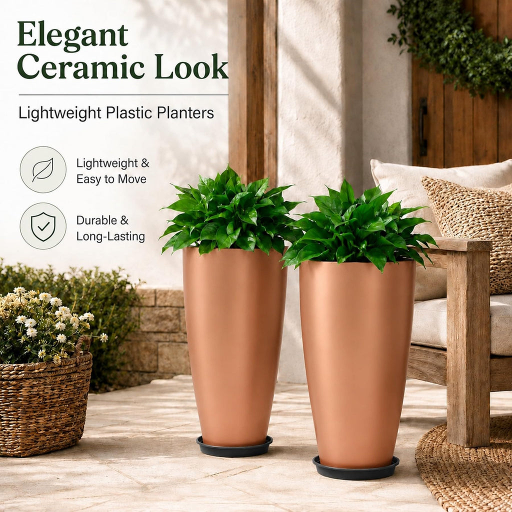 Set of 2 Tall Planter, 21 inch Large Plastic Planter, Rose Gold